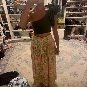 Olive One-Shoulder Maygel Coronel Ruffle Top with Floral Maxi Skirt Rachel Zoe